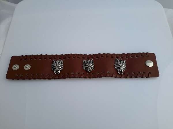 Brede leren armband, 3 leeuwenkoppen, bruin