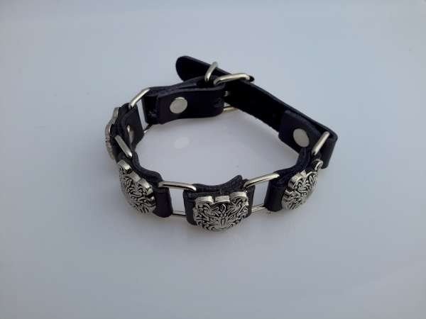 PU leren armband, 4 leren schakels met metalen stud panterkop, zwart