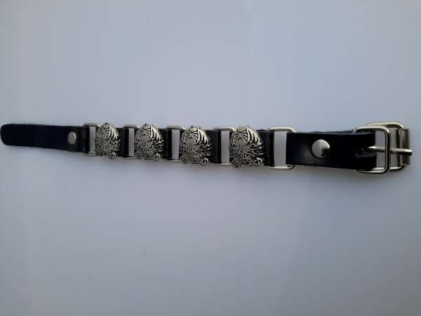 PU leren armband, 4 leren schakels met metalen stud panterkop, zwart