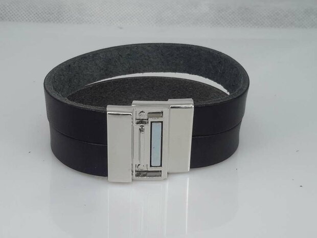 Leren Armband zwart, 2 baans, glad, magneetsluiting