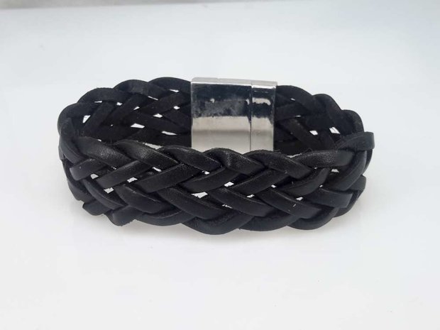 22 cm Leren armband breed, zwart, gevlochten, magneetsluiting