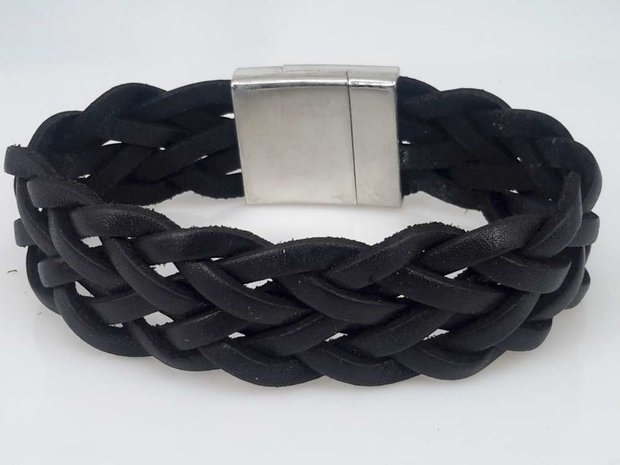22 cm Lederarmband breit, schwarz, geflochten, Magnetverschluss