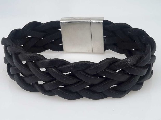 22 cm Leren armband breed, zwart, gevlochten, magneetsluiting