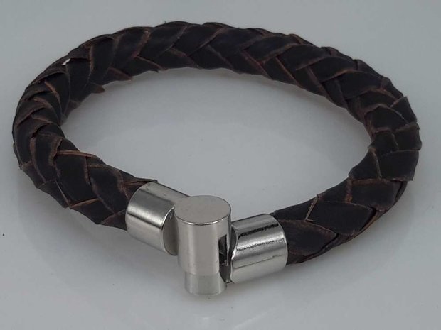 Leren kinderen armband bruin, rond gevlochten, magneetsluiting