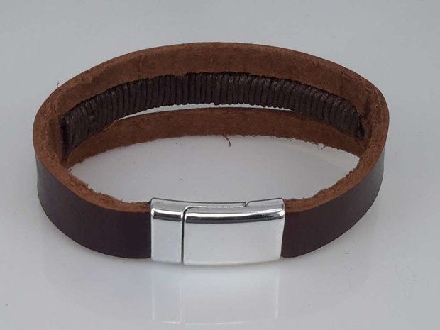 Leren Armband bruin, 3 stroken, touw, magneetsluiting