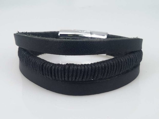 Leren Armband zwart, 3 stroken, touw, magneetsluiting