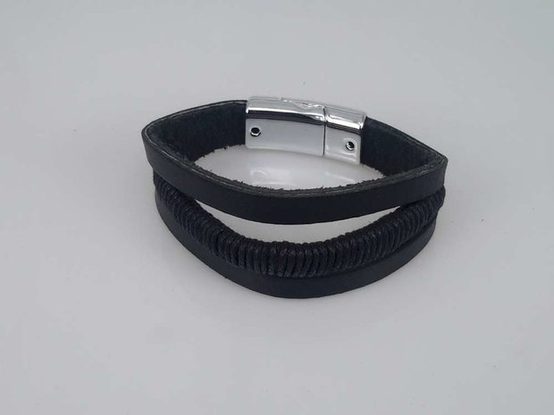 Lederarmband schwarz, 3 streifen, seil, Magnetverschluss