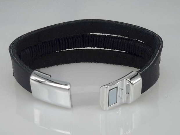 Leren kinderen armband zwart, 3 stroken, touw, magneetsluiting