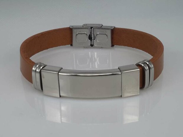 Leder Armband hellbraun, GravurPlatte, Edelstahl-Verschluss