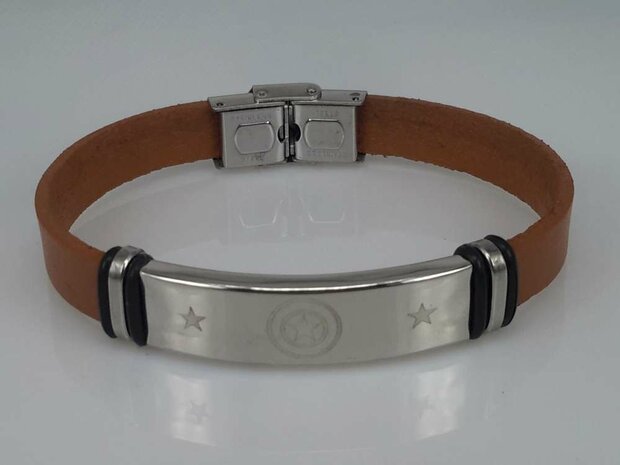 Leren armband lichtbruin, plaat + 6 rechthoek gravure, sluiting edelstaal