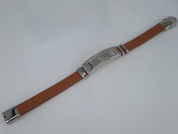 Leder Armband hellbraun, Platte + Kreuz, Verschluss, Edelstahl