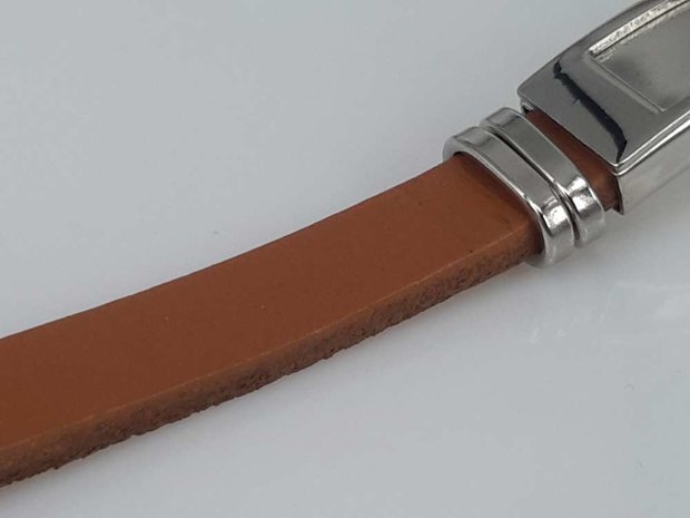 Leder Armband hellbraun, Platte + Kreuz, Verschluss, Edelstahl