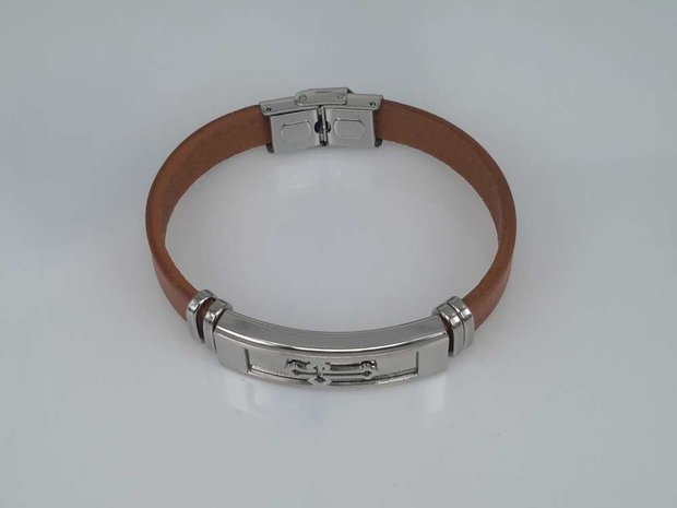 Leder Armband hellbraun, Platte + Kreuz, Verschluss, Edelstahl