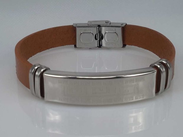 Leder Armband hellbraun, Platte breit motiv, Edelstahl-Verschluss