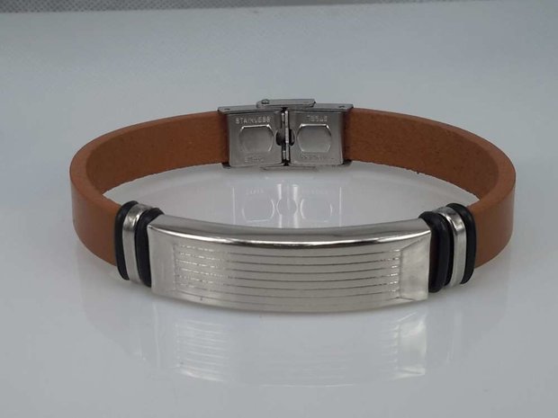 Leder Armband hellbraun, Platte + 6 Rechteck Gravur, Verschluss, Edelstahl