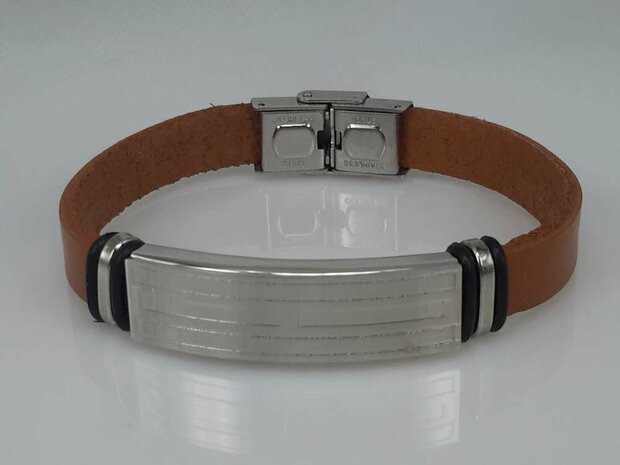 Leder Armband cognacfarbe, Platte + Rechteck Gravur, Verschluss, Edelstahl