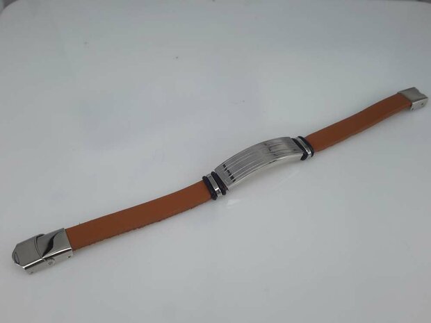 Leder Armband cognacfarbe, Platte + Rechteck Gravur, Verschluss, Edelstahl