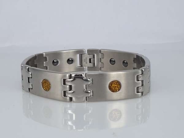 Edelstaal Magnet armband, breed, langwerpige metalen schakels, rondje goudkleur glitter, shungite steen