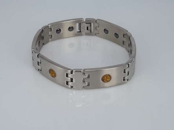 Edelstaal magneet armband, breed, langwerpige metalen schakels, rondje goudkleur glitter, shungite steen