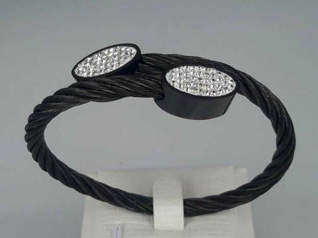 Edelstaal Armband zwart, kabel, 2 oog strass