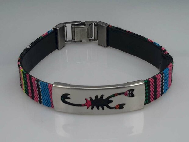 Aztec gewoven armband, plaat + schorpioen, sluiting edelstaal