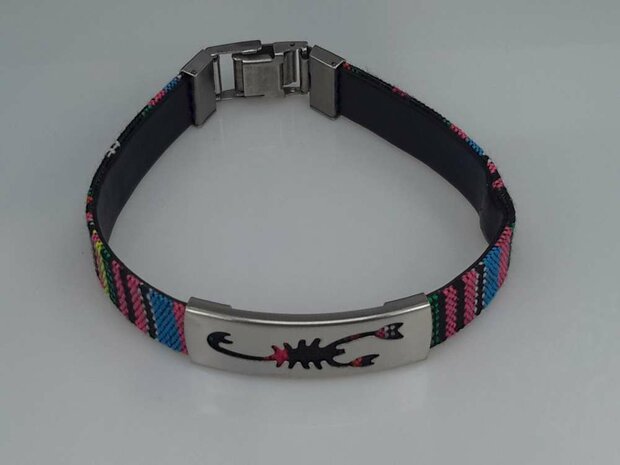 Aztec gewoven armband, plaat + schorpioen, sluiting edelstaal