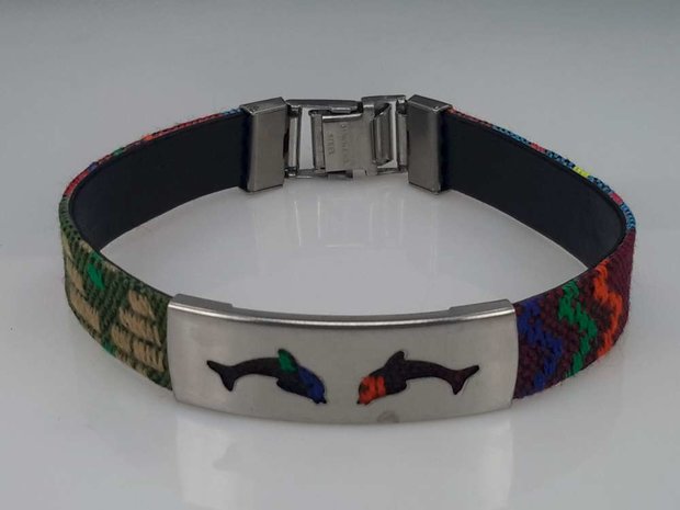 Aztec gewoven armband, plaat + vissen, sluiting edelstaal