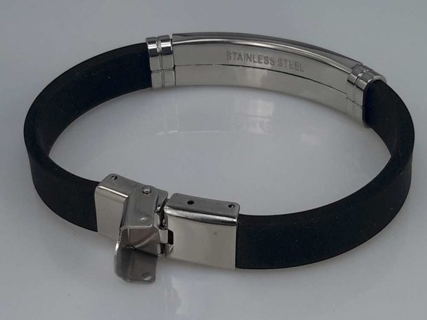 Armband zwart, gebogen plaat, motief, sluiting edelstaal