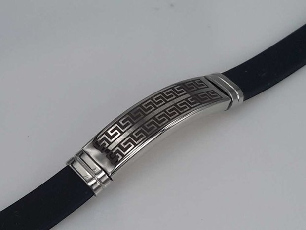 Armband zwart, gebogen plaat, motief, sluiting edelstaal