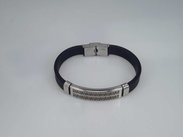 Armband zwart, gebogen plaat, motief, sluiting edelstaal