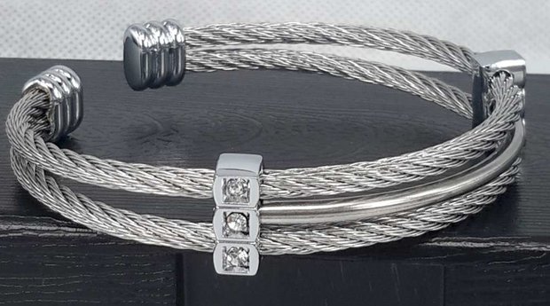 Edelstaal Dames Armband, dubbele kabel, zirkonia, draad