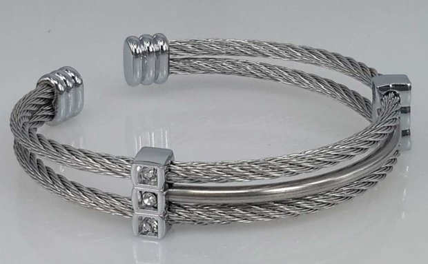 Edelstaal Dames Armband, dubbele kabel, zirkonia, draad