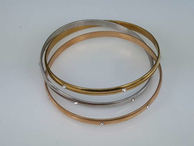 Set ( zilver,goud,rose kleur ) edelstaal slaaf Armband met 6 kristal omheen.