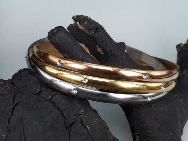 Set (Silber, Gold, Rosé) Edelstahl Slave Armband mit 6 Kristall um ihn herum.