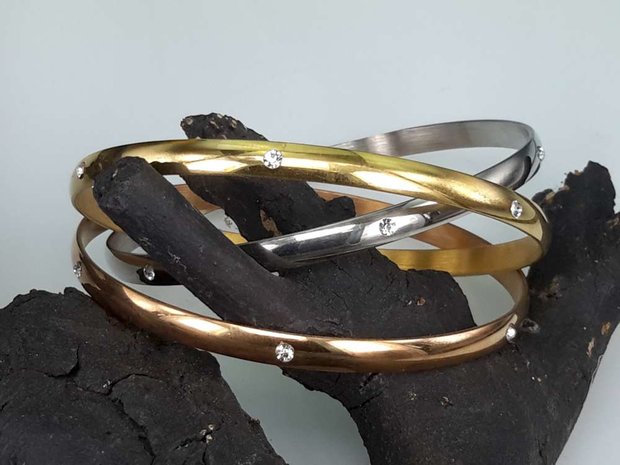 Set (Silber, Gold, Rosé) Edelstahl Slave Armband mit 6 Kristall um ihn herum.