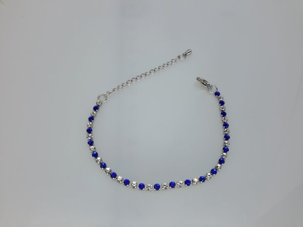 Armband, 2,4mm blokjesschakels, witte & blauw kristalglas, edelstaal