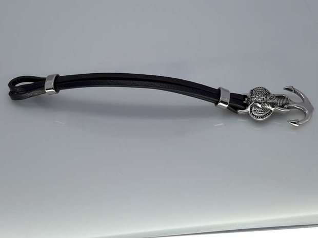 Leren-Armband zwart, 3 riem, rvs olifantenkop anker, haaksluiting
