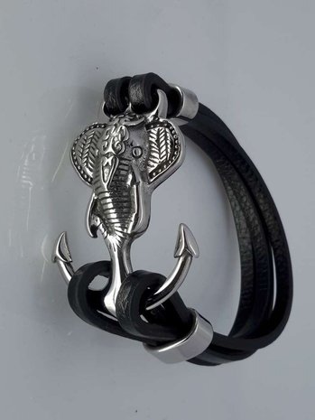 Lederarmband schwarz, 3 Riemen, Elefantenkopfanker aus Edelstahl