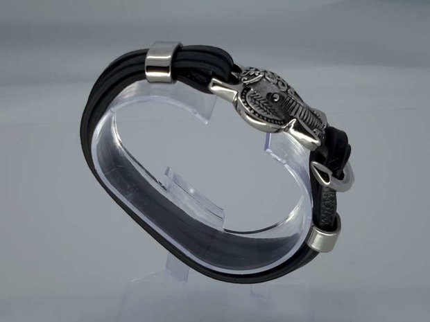 Leren-Armband zwart, 3 riem, rvs olifantenkop anker, haaksluiting