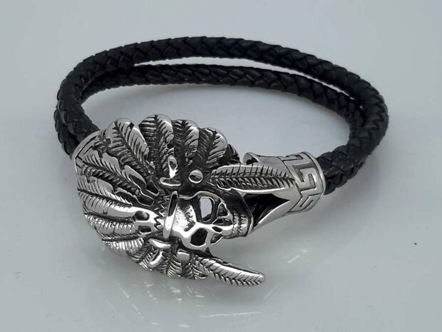 Leren-Armband zwart, duo vlecht, rvs indianentooi skull