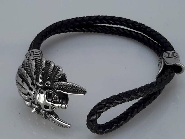 Leren-Armband zwart, duo vlecht, rvs indianentooi skull