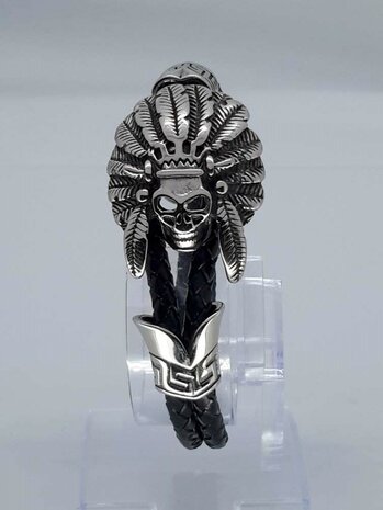 Lederarmband schwarz, Duo-Zopf, Indianer-Totenkopf aus Edelstahl