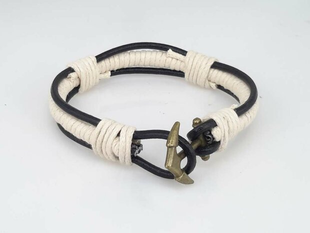 Leren veter armband, zwart, touw wit, anker