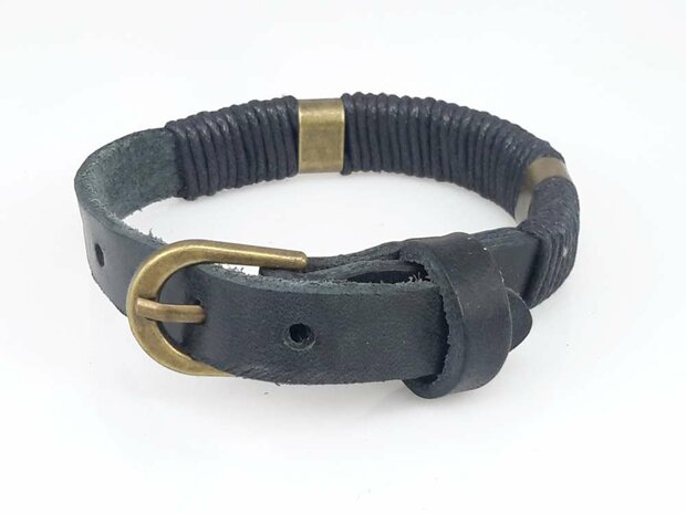 Leren Armband, glad, smal, touw omwikkeld, bruin of zwart