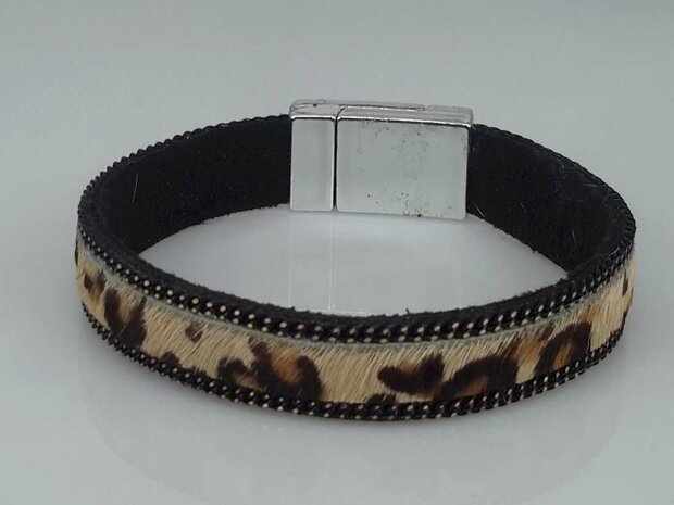 Velour Armband schwarz, Leoparden-muster braun, Magnetverschluss