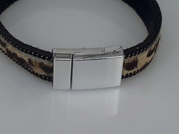 Suede Armband zwart dubbel, luipaardprint bruin, magneetsluiting