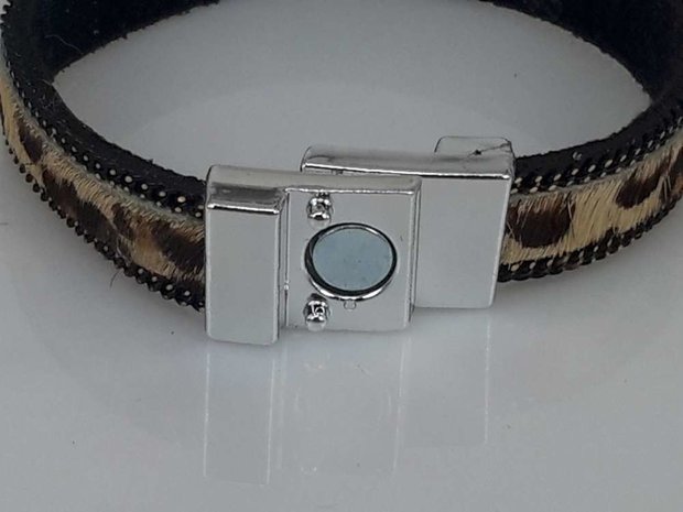 Suede Armband zwart dubbel, luipaardprint bruin, magneetsluiting