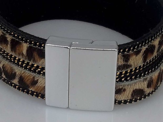 Velour Armband schwarz doppel, Leoparden-muster braun, Magnetverschluss