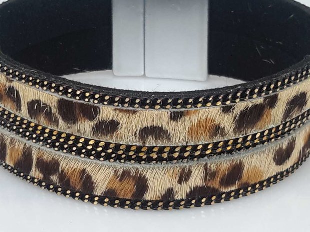 Suede Armband zwart dubbel, luipaardprint bruin, magneetsluiting