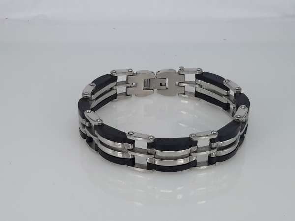 Edelstaal armband, breed, schakel, metaal en zwart rubberen losse schakels